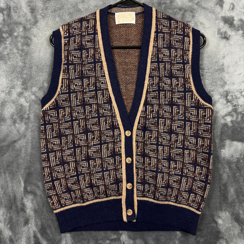 Pendleton Sweater Vest Mens M Navy Brown Geometric Wool Button Front Vintage